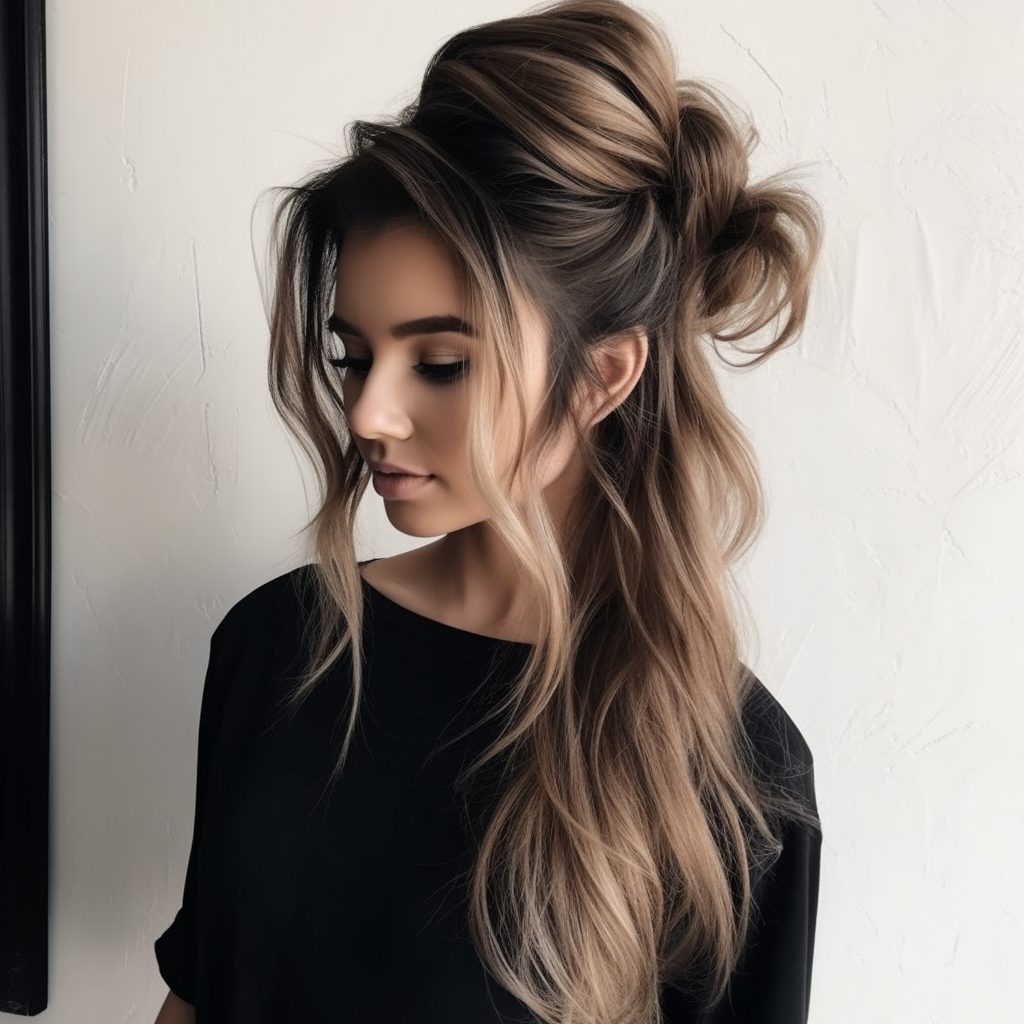 Casual Layered Half-Up with Messy Knot hair style for long hair