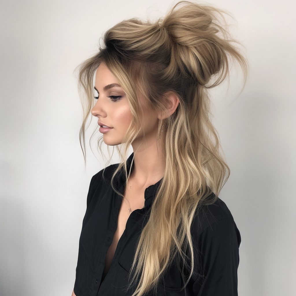 Casual Layered Half-Up with Messy Knot long layers for thick hair