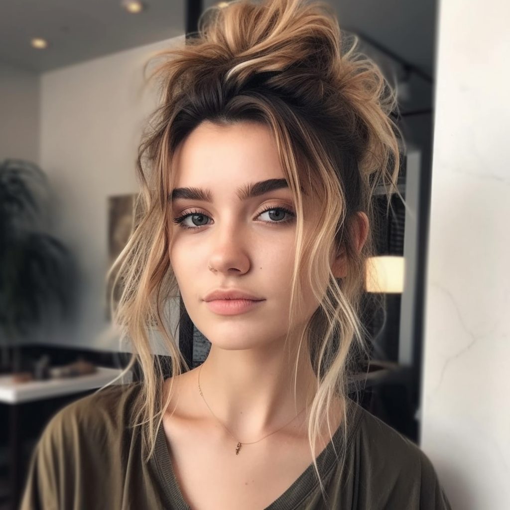 Effortless Messy Top Knot with Face-Framing Layers Long hairstyle