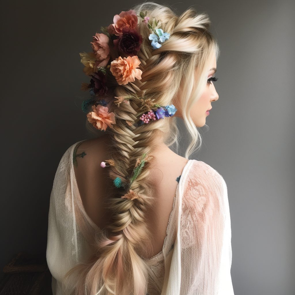 Ethereal Layered Fishtail Braid with Flowers For thick long hair