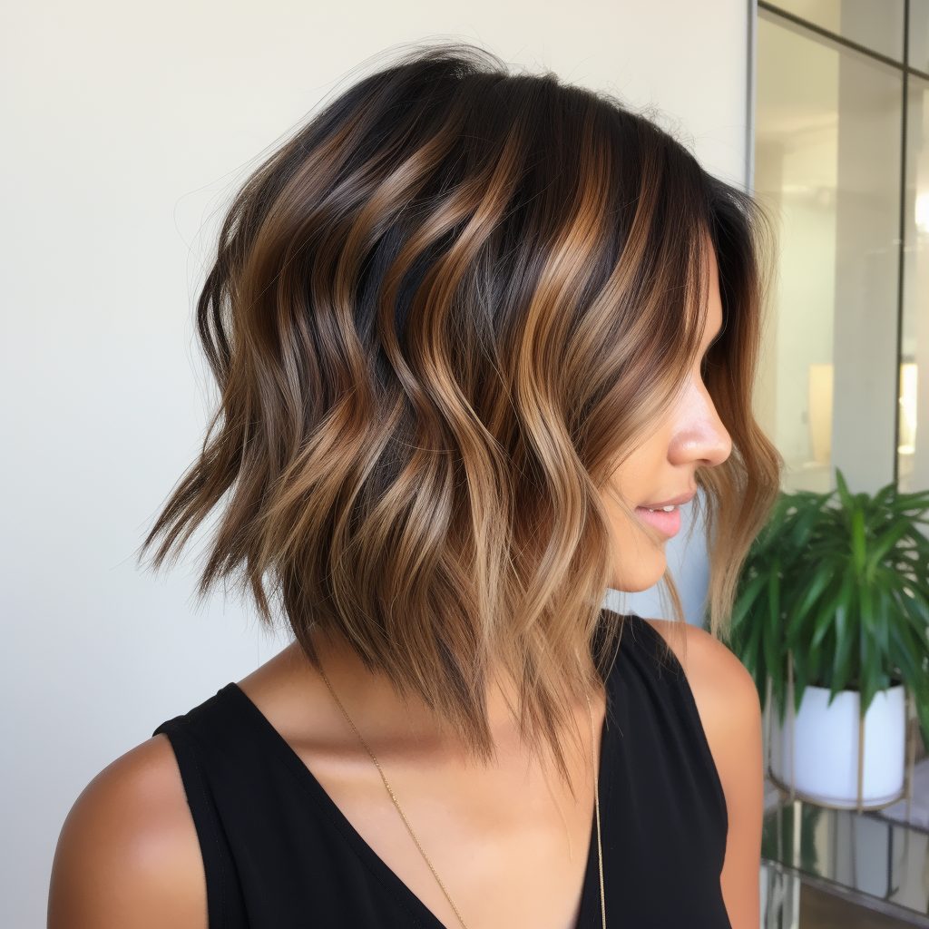 Modern dark balayage ombre short hair with A-Line Cut 