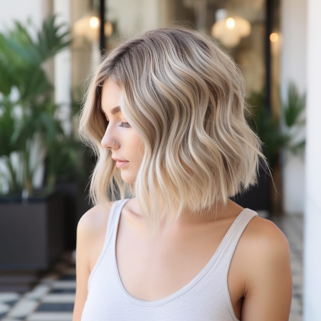 Soft Balayage Waves short hair with blonde highlights