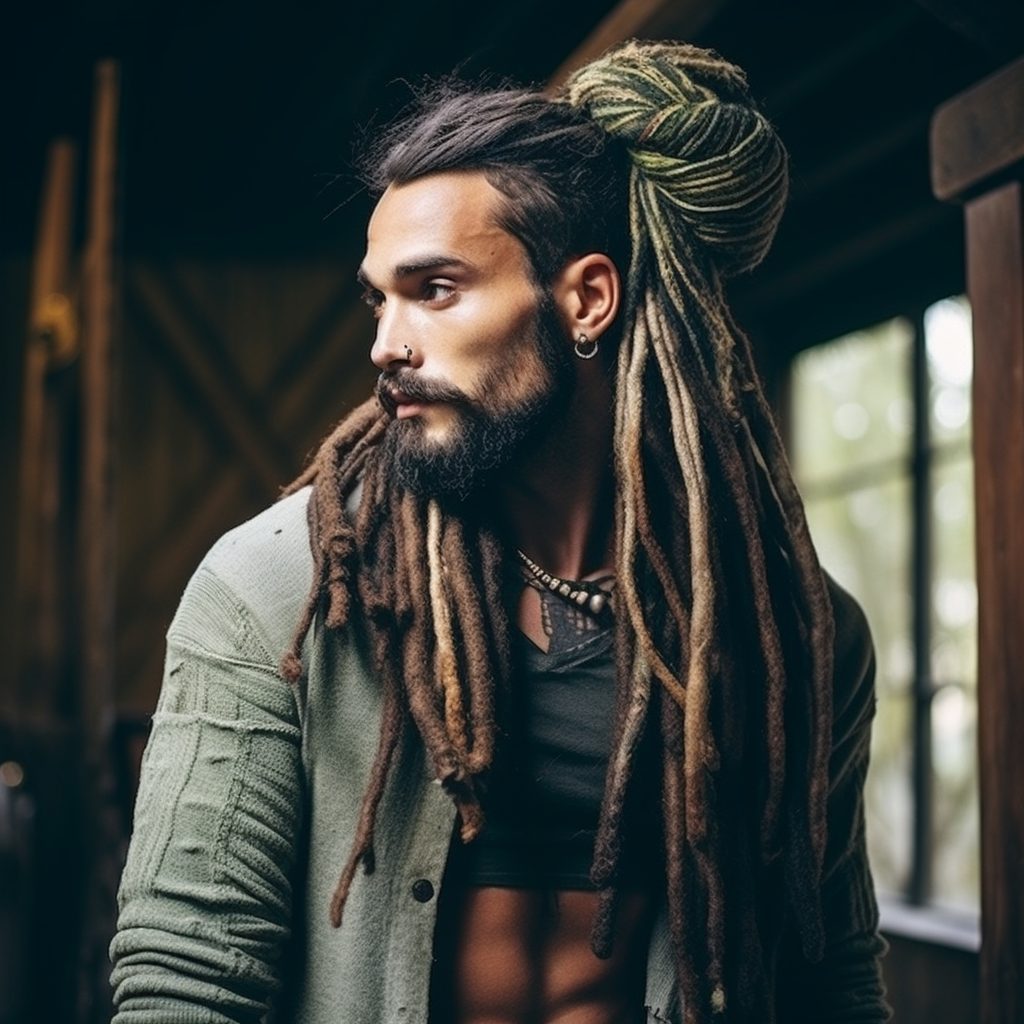 Wrapped Top Knot with dreads style for guys