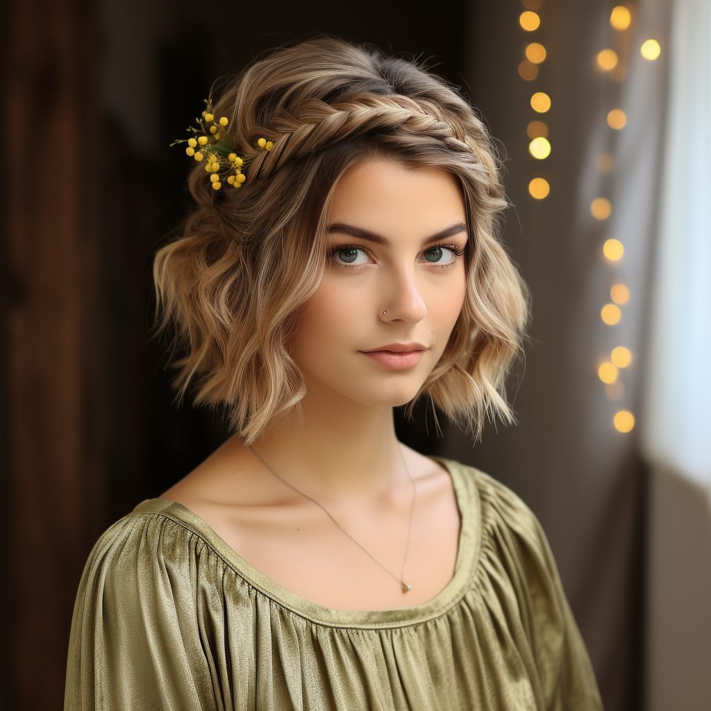 Boho Chic shoulder length prom hairstyle for short hair