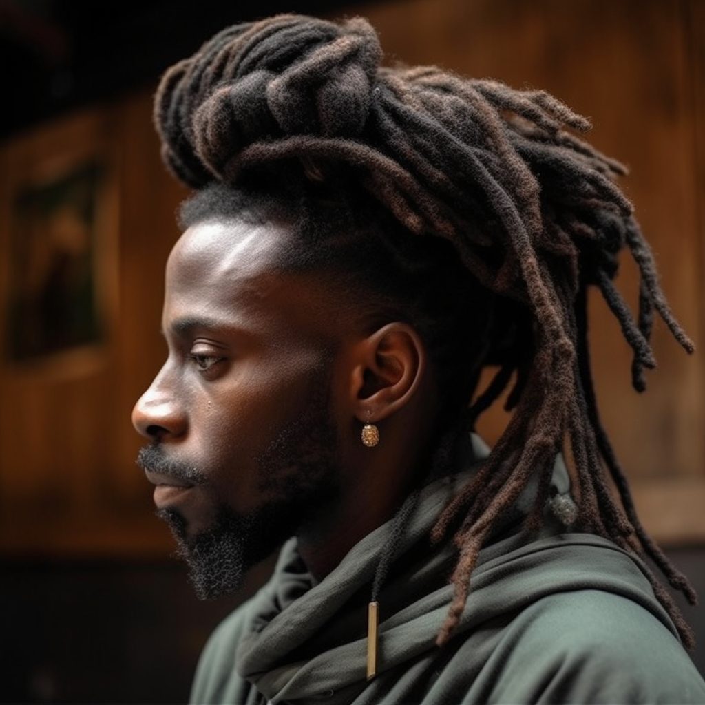 Bun with Wrapped Base and Hanging dreads style for men