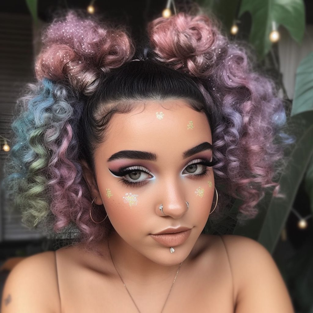 Curly Space Buns with Glitter Hairstyle