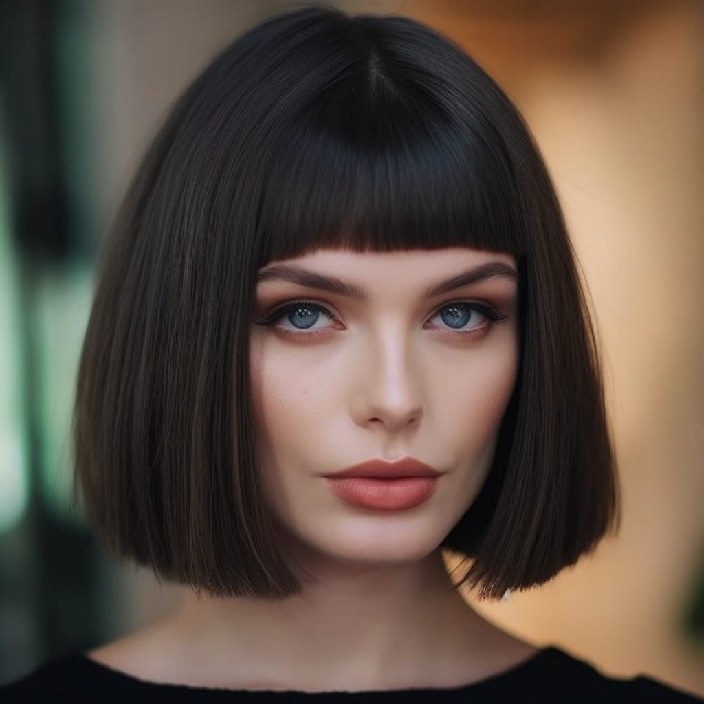 Elegant Blunt Cut with Face-Framing Strands: hair style round face