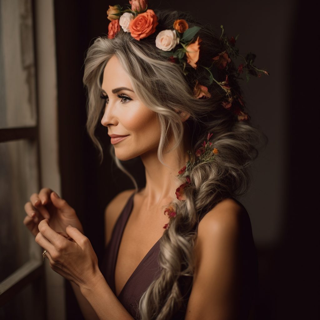  Floral Adorned hairstyle for long hair mother of the bride