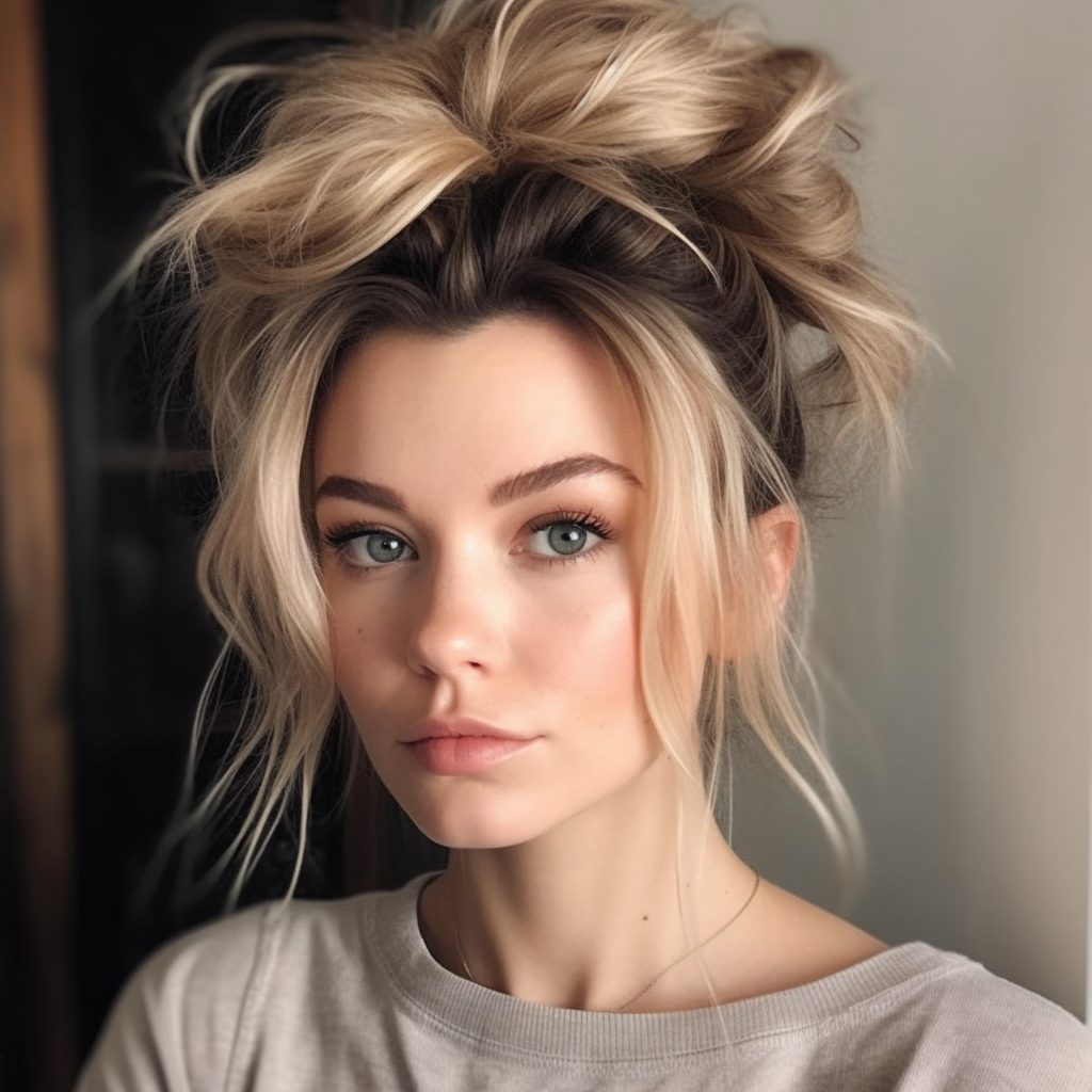 Messy Bun with Face-Framing Strands layered short hair for long face