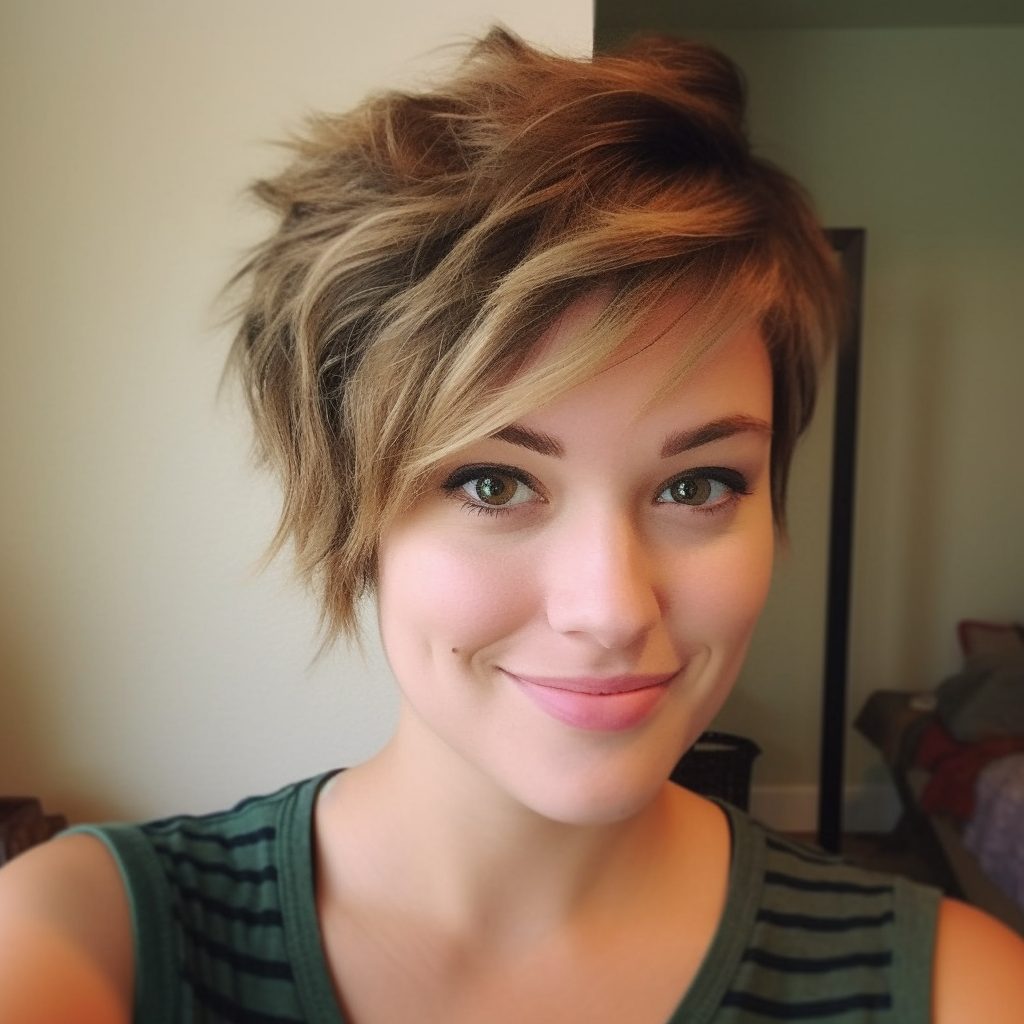 Side-Parted Pixie with Highlights: best haircut for fat face
