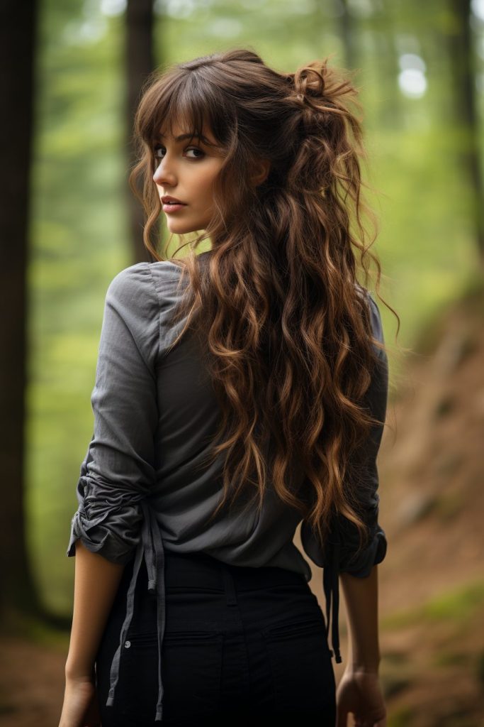 The Half Up Half Down Braid with Textured Curls with bangs