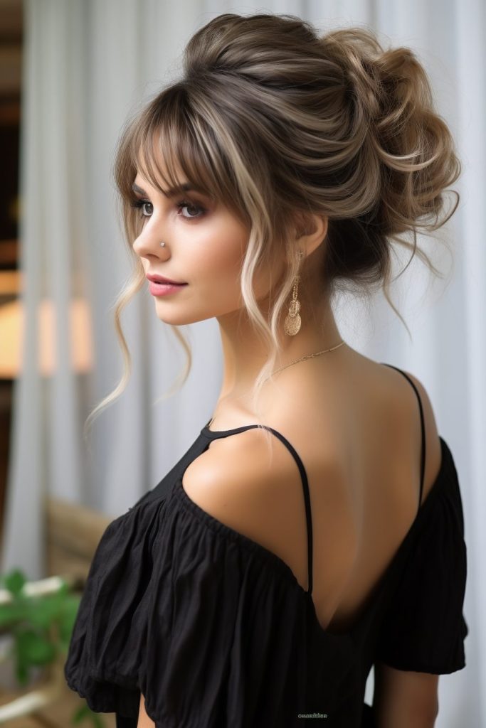 The Low Messy Bun with bangs
